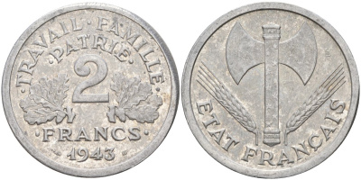 Франция 2 франка 1943 правительство Виши KM 904.1 алюминий 4143-622