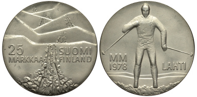 Финляндия 25 марок 1978 K-N, 21 Чемпионат мира по лыжным видам спорта 1978 в Лахти KM 56 серебро 1520-622