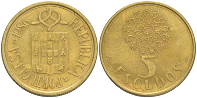 ПОРТУГАЛИЯ 5 ЭСКУДО 1986 KM 632 никель латунь 4561-755