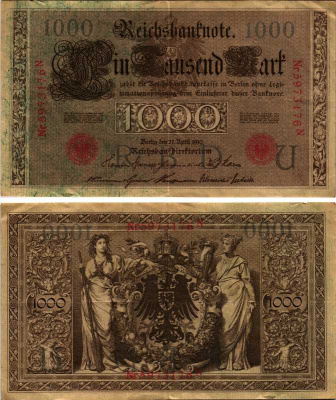 ГЕРМАНИЯ 1000 МАРОК 1910 21 АПРЕЛЯ 1910, КРАСНЫЙ СЕМИЗНАЧНЫЙ НОМЕР Pick 44b бумага 6278-35-2-1