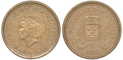 Нидерландские Антилы 1 гульден 1992 Беатрикс (1980-2013) KM 37 позолоченная сталь 25-1944