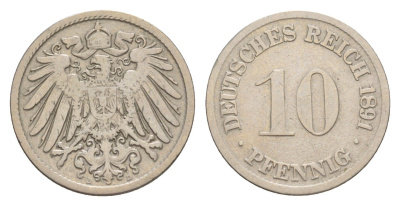 Германия 10 пфеннигов 1891 D, Вильгельм II (1888-1918) KM 12, J. 13 медно-никель 4640-227