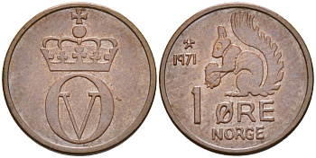 Норвегия 1 эре 1971 белка, Улаф V (1958-1991) KM 403 бронза UNC 4580-948