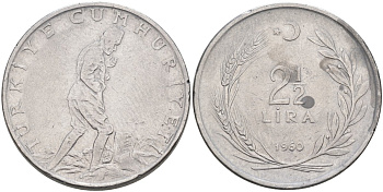 Турция 2 1/2 лиры 1960 KM 893.1 нержавеющая сталь 4574-1036