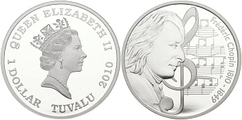 Тувалу 1 доллар 2010 Фредерик Шопен, 200 лет со дня рождения, тираж 5000 экз. серебро PROOF 02-073-22