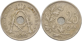 БЕЛЬГИЯ 25 САНТИМОВ 1922 BELGIE KM 69 медно-никель 4546-143