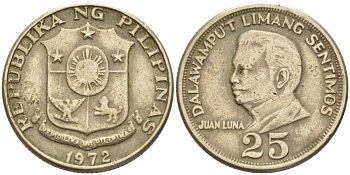 ФИЛИППИНЫ 25 СЕНТИМО 1972 ХУАН ЛУНА ФИЛИППИНСКИЙ ХУДОЖНИК, РЕВОЛЮЦИОНЕР KM 199 медь никель цинк 61-642