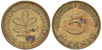 ФРГ 5 пфеннигов 1971 J KM 107, J.382 сталь плакированная латунью 4174-524