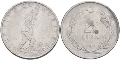 Турция 2 1/2 лиры 1960 KM 893.1 нержавеющая сталь 4574-1036