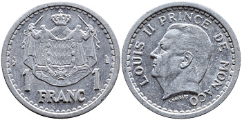 Монако 1 франк 1943 Луи II (1922-1949) KM 120 алюминий 4393-1247