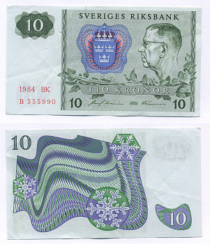 ШВЕЦИЯ 10 КРОН 1984 СЕРИЯ BK, ГУСТАВ VI АДОЛЬФ Pick 52е бумага 6266-5-1-1