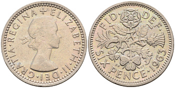 Великобритания 6 пенсов 1963 Елизавета II (1952-2022) KM 903, Spink 4149 медно-никель 4588-1243