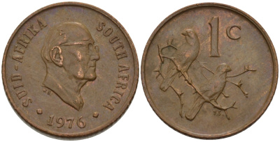 ЮАР 1 ЦЕНТ 1976 ПРЕЗИДЕНТ ЯКОБУС ЙОХАННЕС ФУШЕ, КАПСКИЕ ВОРОБЬИ KM 91 бронза 66-243