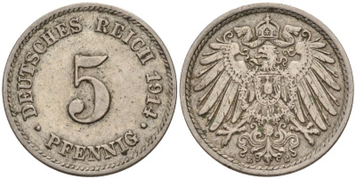 Германия 5 пфеннигов 1914 E KM 11, J. 12 медно-никель 4151-552