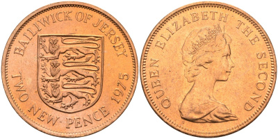 Джерси 2 пенса 1975 герб, Елизавета II (1952-2022) KM 31 бронза UNC 4367-441