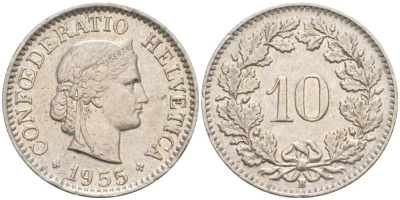 ШВЕЙЦАРИЯ 10 РАППЕНОВ 1955 В KM 27 медно-никель 55-246