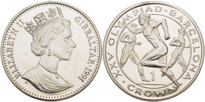 Гибралтар 1 крона 1991 XXV Олимпийские игры 1992 года в Барселоне, легкая атлетика, бег KM 68 медно-никель UNC 1084-8-44