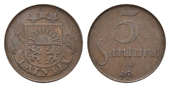 Латвия 5 сантимов 1922 KM 3 бронза 4689-959