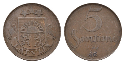 Латвия 5 сантимов 1922 KM 3 бронза 4689-959