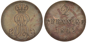 Ганновер 2 пфеннига 1842 S, Эрнст Август (1837-1851) KM 174.2, AKS 123, J. 55 медь aUNC 75-1737