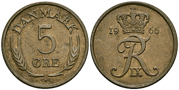 Дания 5 эре 1966 C; S, Фредерик IX (1947-1972) KM 848 бронза 4138-836