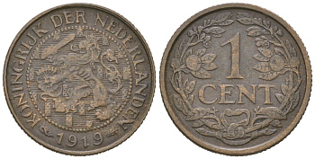 Нидерланды 1 цент 1919 Вильгельмина (1890-1948) KM 152 бронза 4152-336