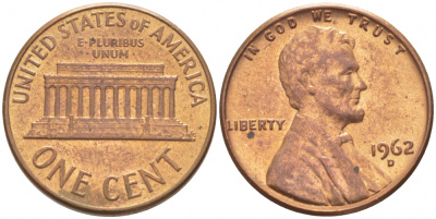 США 1 ЦЕНТ 1962 D, ЛИНКОЛЬН KM 132 медь цинк UNC 3309-219