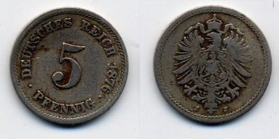 ГЕРМАНИЯ 5 ПФЕННИГОВ 1876 D, СТАРОГЕРБОВКА KM 3, J.3 медно-никель 46-1455