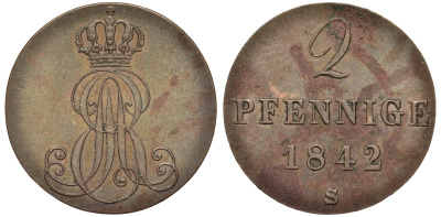 Ганновер 2 пфеннига 1842 S, Эрнст Август (1837-1851) KM 174.2, AKS 123, J. 55 медь aUNC 75-1737