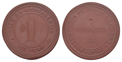 Чили, компании Gatito шахтерский жетон с Медного рудника для покупки в местных магазинах, номиналом в 1 песо конец XIX века диаметр 40 мм, вес 5,35 гр не описан в Espinosa эбонит (красный) 1066-4-55