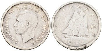 Канада 10 центов 1941 парусник, Георг VI (1937-1952) KM 34 серебро 4580-343