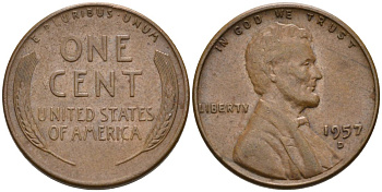 США 1 цент 1957 D, Линкольн KM А132 медь цинк 4564-269