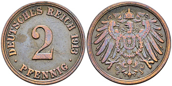 Германия 2 пфеннига 1913 A KM 16, J. 11, Weege 4 медь 4546-725