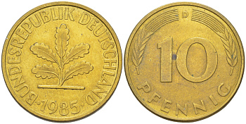ФРГ 10 ПФЕННИГОВ 1985 D KM 108, J. 383 сталь плакированная латунью 4182-941