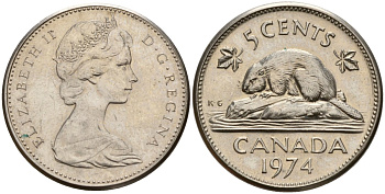 Канада 5 центов 1974 бобр, Елизавета II (1952-) KM 60.1 никель 4189-533