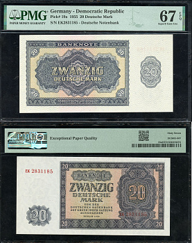 ГДР 20 марок 1955 в слабе PMG 67 Superb Gem Uncirculated Pick 19 a  бумага  UNC (пресс) 452-1-132