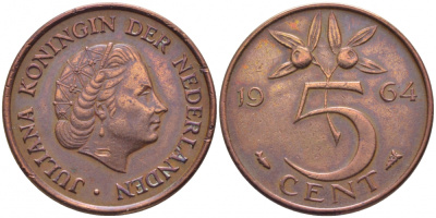 НИДЕРЛАНДЫ 5 ЦЕНТОВ 1964 ЮЛИАНА KM 181 бронза 3856-736