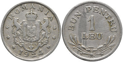 Румыния 1 лей 1924 Фердинанд I (1914-1927) KM 46 медно-никель 202-1242