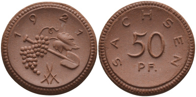 Саксония 50 пфеннигов 1921 виноград и лопата J. N 54 фарфор 1094-5-14