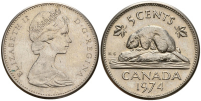Канада 5 центов 1974 бобр, Елизавета II (1952-) KM 60.1 никель 4189-533