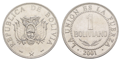 Боливия 1 боливиано 2001 KM 205 нержавеющая сталь UNC 4646-712