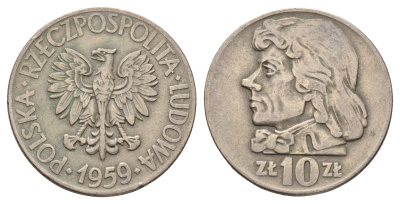 Польша 10 злотых 1959 MW, Тадеуш Костюшко, первый год Y 50 медно-никель 4680-444