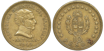 Уругвай 10 песо 1965 KM 48 алюминиевая бронза 4574-221