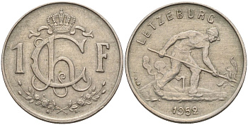 Люксембург 1 франк 1952 сталевар KM 46.2 медно-никель 4152-556