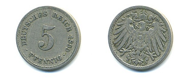 ГЕРМАНИЯ 5 ПФЕННИГОВ 1899 A, KM 11, J. 12 медно-никель 4379-514