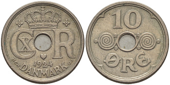 ДАНИЯ 10 ЭРЕ 1924 HCN ; GJ, КРИСТИАН X (1912-1947) KM 822.1 медно-никель 100-255