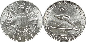Австрия 50 шиллингов 1964 Зимняя Олимпиада 1964 года в Инсбруке, прыжки с трамплина KM 2896 серебро 413-1911