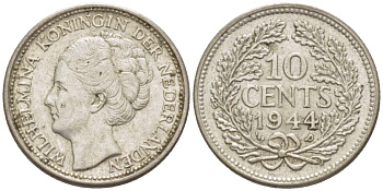 Нидерланды 10 центов 1944 Вильгельмина (1890-1948) KM 163 серебро aUNC 66-1248