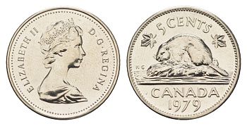 Канада 5 центов 1979 Елизавета II (1952-2022), бобр KM 60.2 никель PROOF-LIKE (BU) 4630-955