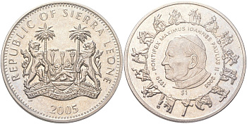 Сьерра-Леоне 1 доллар 2005 Иоанн Павел II - Смерть папы, 2 апреля 2005 KM 322 медно-никель BU 4368-1224